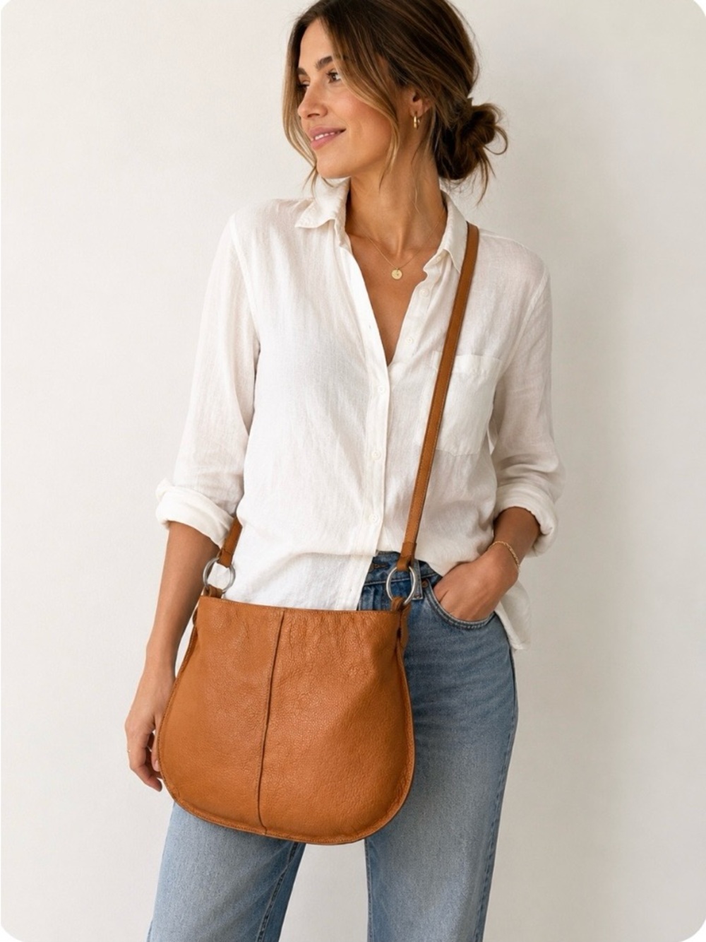 Furla Italy Cognac Pebbled Leather Hobo crossbody Bag Silver Hardware